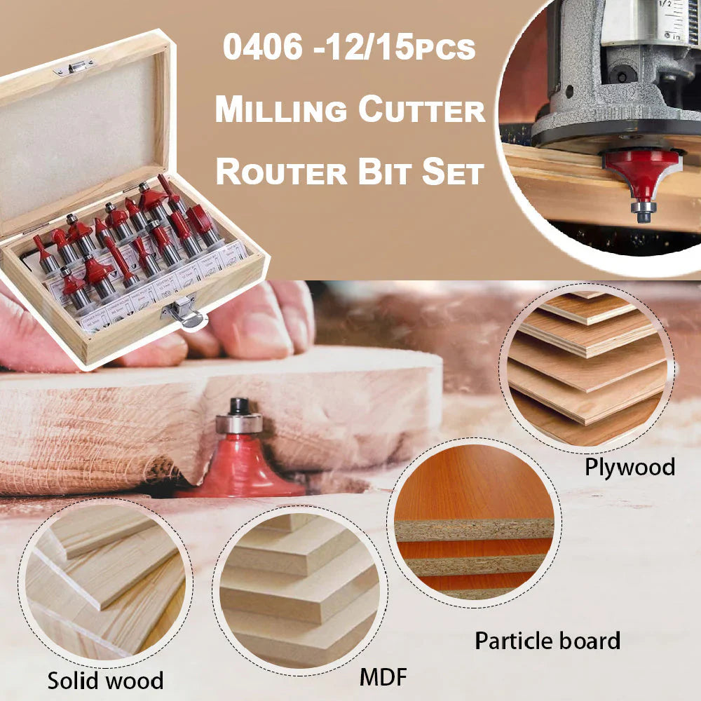 12/15pcs Milling Cutter Router Bit Set