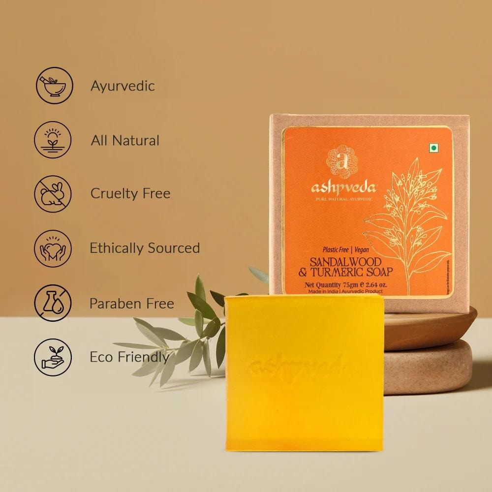 Ashpveda Sandalwood and Turmeric Soap for Bath | Ayurvedic Handmade Natural Scented Premium Bathing Soap for Glowing & Moisturizing Skin (75 gm)