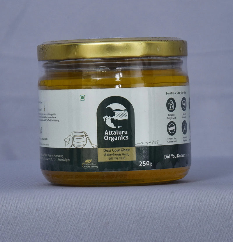 Attaluru Organics Desi Cow Ghee – A2 Vedic Bilona Ghee from Grass-Fed Cows | 100% Pure, Aromatic & Nutrient-Rich Traditional Handmade Ghee - 250gm