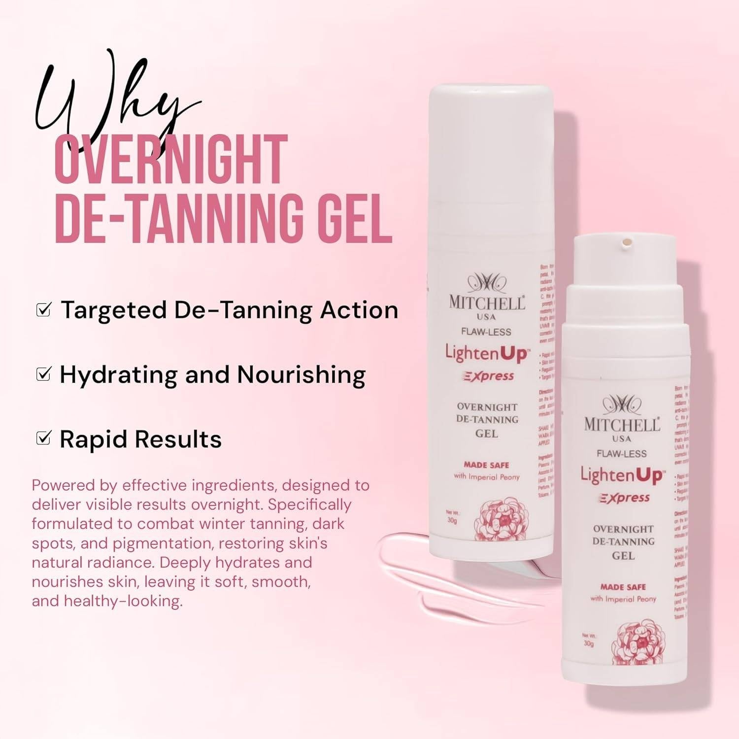 FLAW-LESS LightenUp Xpress Overnight De-Tanning Gel – Fast-Acting Night Gel to Fade Tan, Brighten Skin & Even Tone