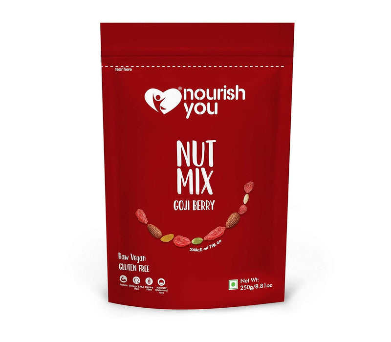 Nourish You Goji Berry Nut Mix 5 Superfoods in 1 Trail Mix |Dried Goji berries | Almonds | Black Raisins | Watermelon and pumpkin seeds| High in vitamins and minerals | 250g (Pack of 1)