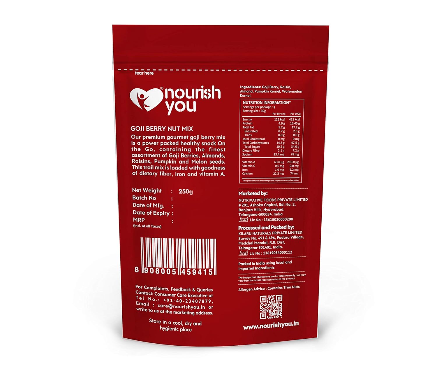 Nourish You Goji Berry Nut Mix 5 Superfoods in 1 Trail Mix |Dried Goji berries | Almonds | Black Raisins | Watermelon and pumpkin seeds| High in vitamins and minerals | 250g (Pack of 1)