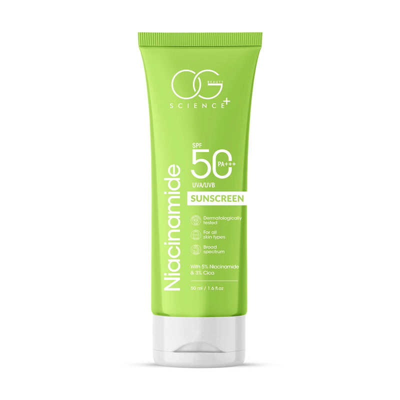 OG Beauty Science SPF 50 PA+++ Sunscreen with 5% Niacinamide & Cica – Ultra-Light UV Protection & Hydration – 50ml