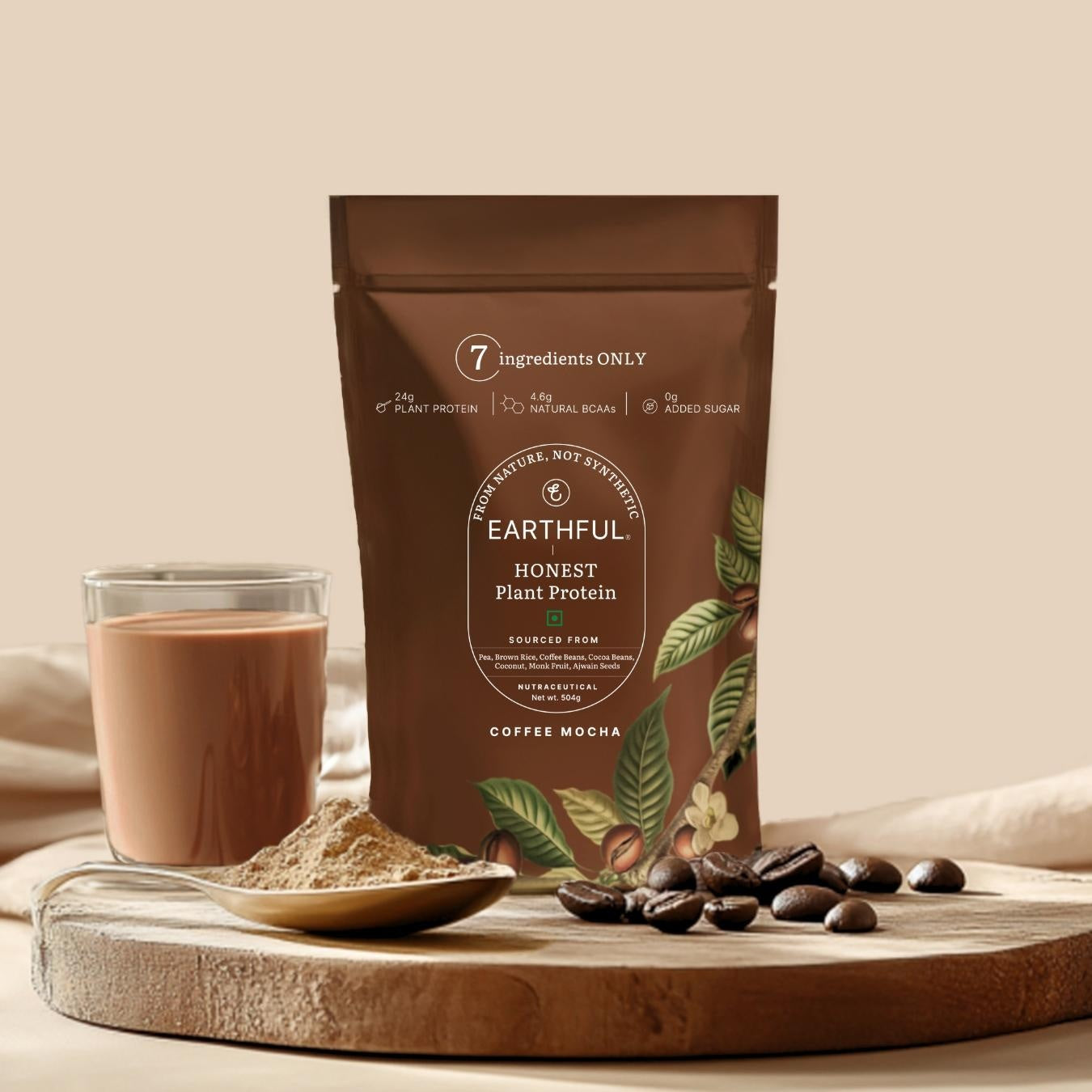 Earthful Honest Plant Protein | 24g Protein/Serving & 4.6g BCAAs | For Weight Management, Energy, Muscle Support & Recovery | Made with Pea & Brown Rice | Coffee Mocha - 504g