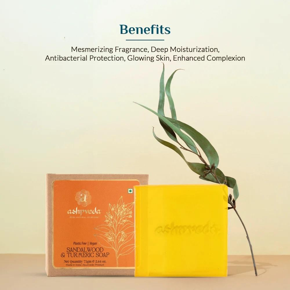 Ashpveda Sandalwood and Turmeric Soap for Bath | Ayurvedic Handmade Natural Scented Premium Bathing Soap for Glowing & Moisturizing Skin (75 gm)