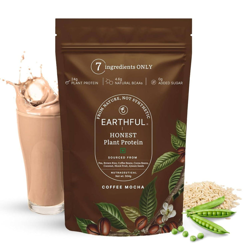 Earthful Honest Plant Protein | 24g Protein/Serving & 4.6g BCAAs | For Weight Management, Energy, Muscle Support & Recovery | Made with Pea & Brown Rice | Coffee Mocha - 504g