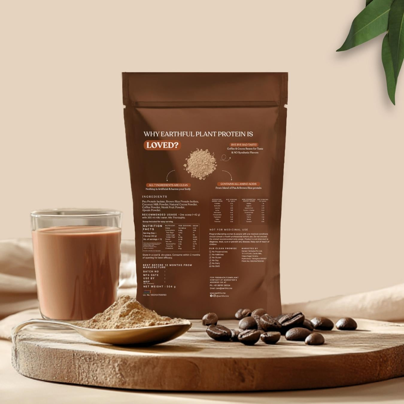 Earthful Honest Plant Protein | 24g Protein/Serving & 4.6g BCAAs | For Weight Management, Energy, Muscle Support & Recovery | Made with Pea & Brown Rice | Coffee Mocha - 504g